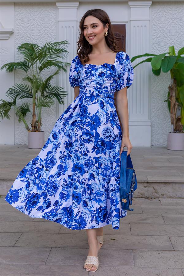 Çiçek Desenli Elbise - MAVİ