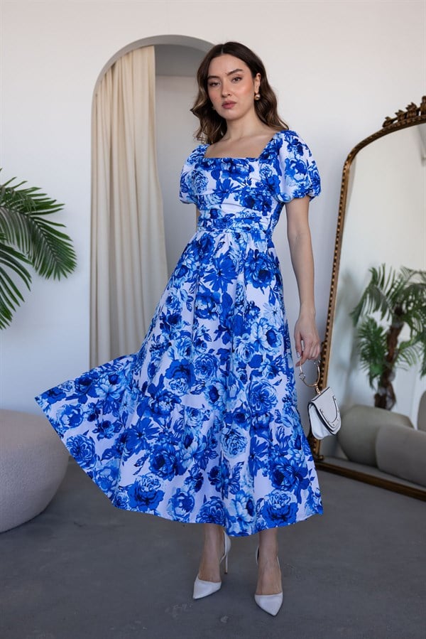 Çiçek Desenli Elbise - MAVİ