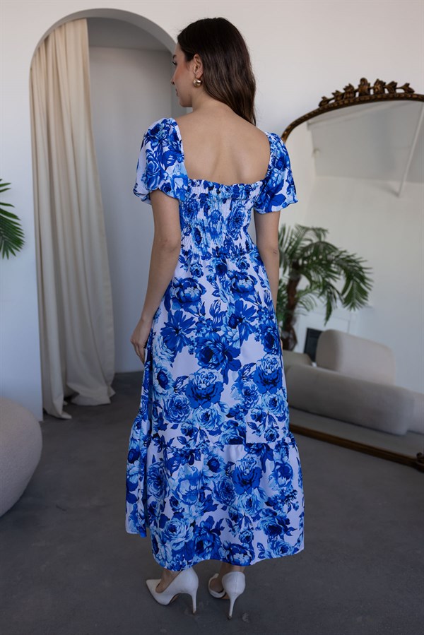 Çiçek Desenli Elbise - MAVİ