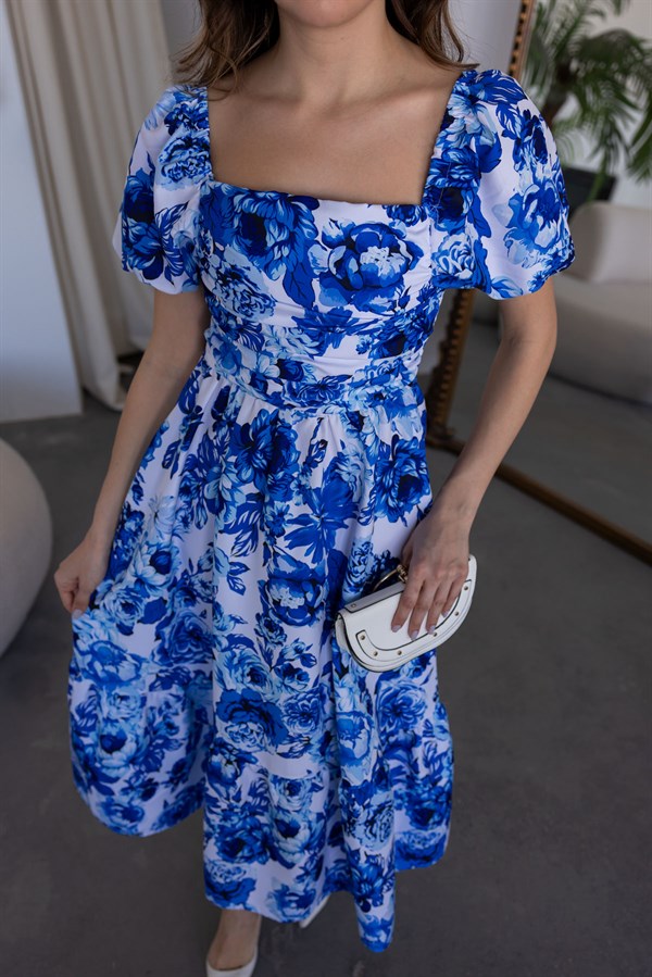 Çiçek Desenli Elbise - MAVİ