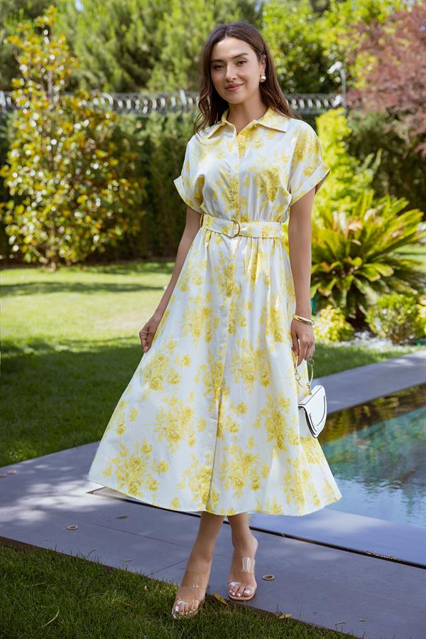 Çiçek Desenli Kemerli Elbise - SARI