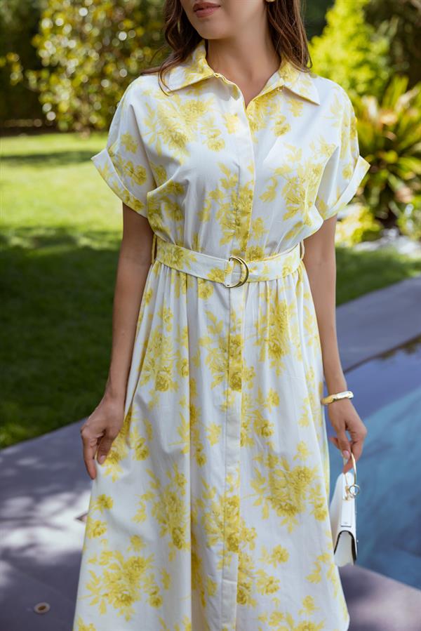 Çiçek Desenli Kemerli Elbise - SARI