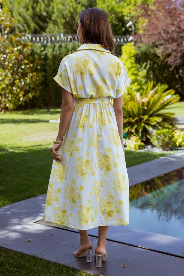 Çiçek Desenli Kemerli Elbise - SARI
