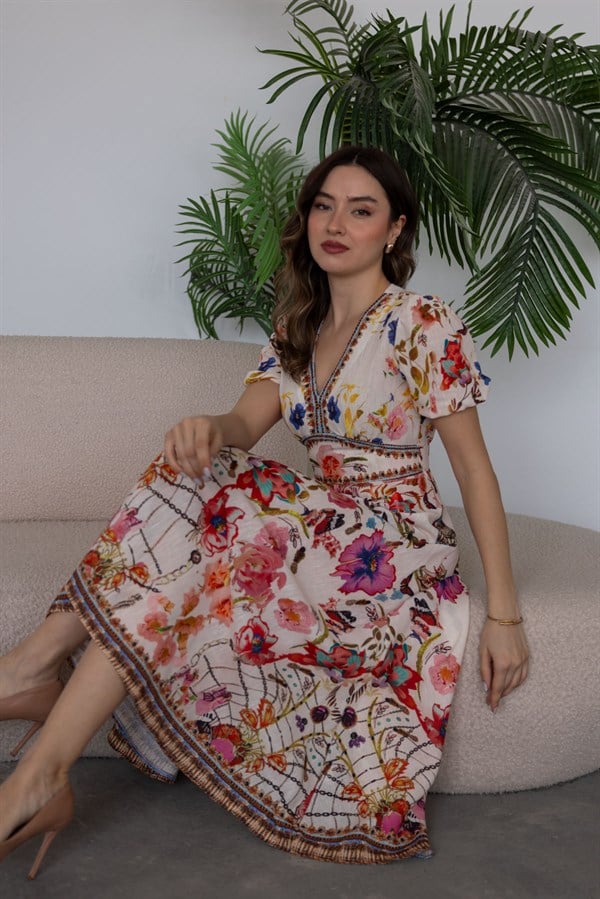 V Yaka Desenli Keten Elbise - BEJ