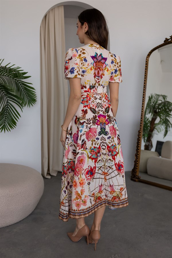 V Yaka Desenli Keten Elbise - BEJ