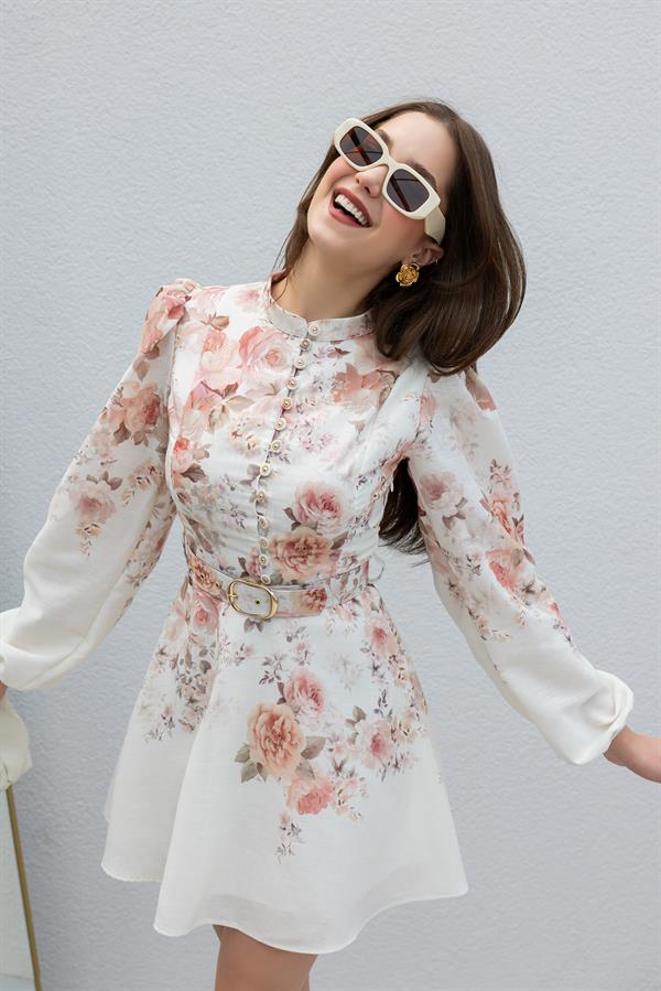 Çiçek Desenli Keten Elbise - KREM