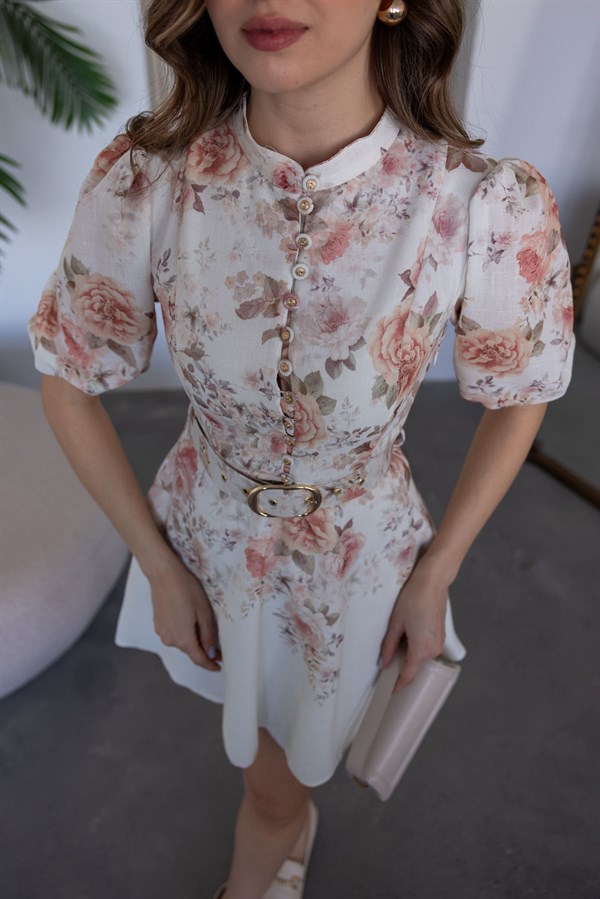 Çiçek Desenli Keten Elbise - KREM