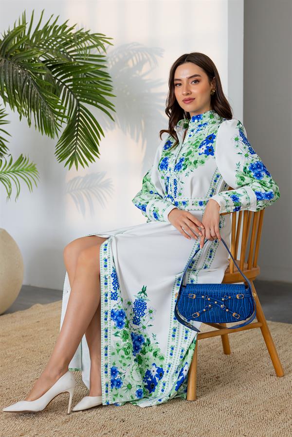 Çiçek Desenli Maxi Elbise - BEYAZ