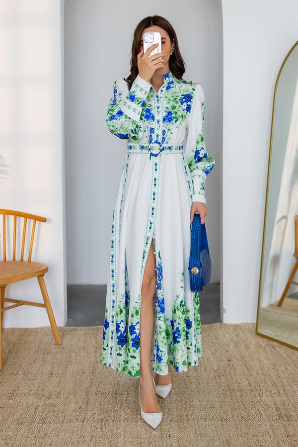 Çiçek Desenli Maxi Elbise - BEYAZ