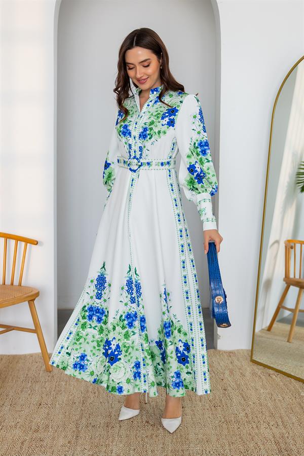 Çiçek Desenli Maxi Elbise - BEYAZ