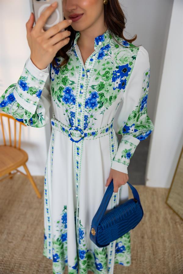 Çiçek Desenli Maxi Elbise - BEYAZ