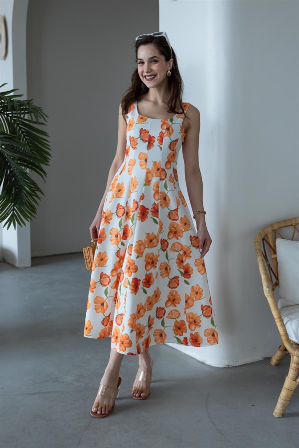 Çiçek Desenli Midi Boy Elbise - TURUNCU