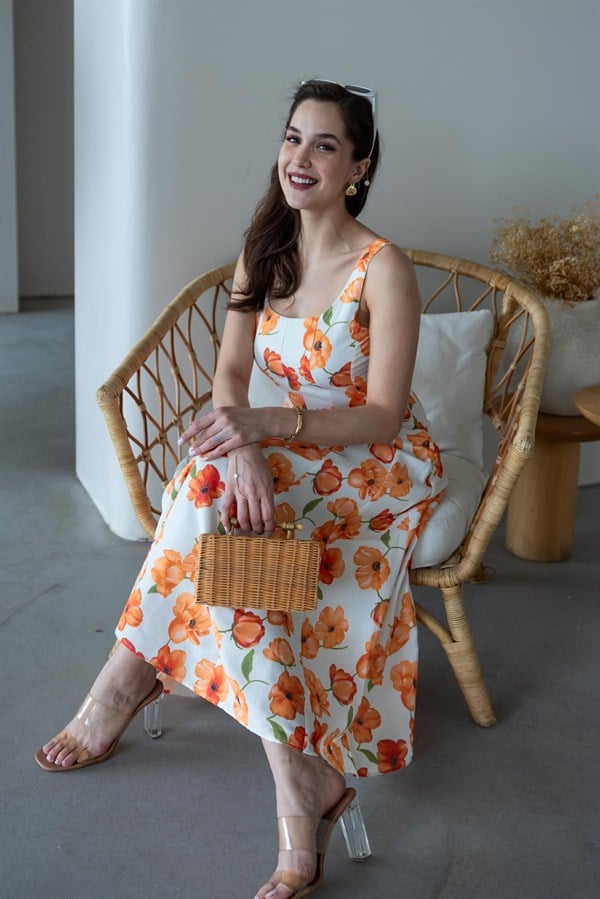 Çiçek Desenli Midi Boy Elbise - TURUNCU