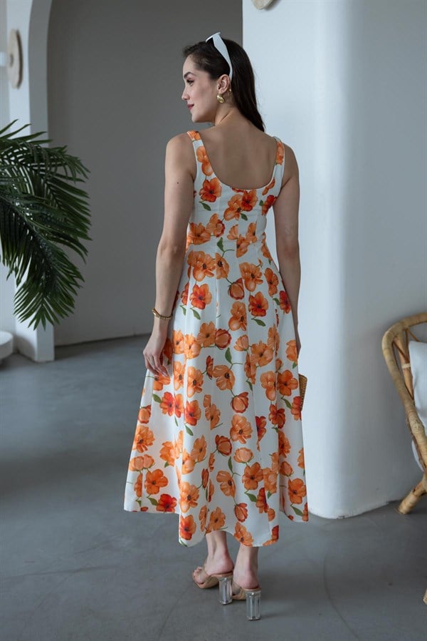 Çiçek Desenli Midi Boy Elbise - TURUNCU