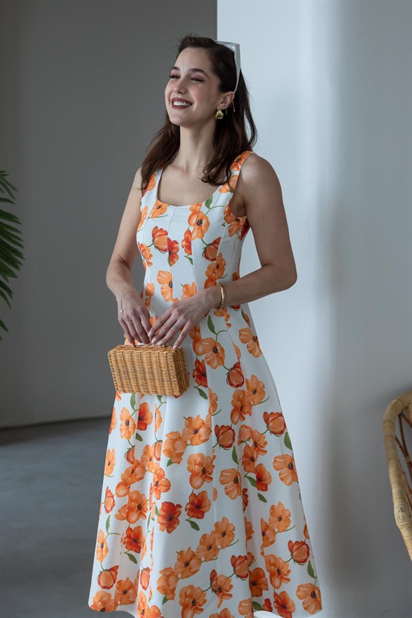 Çiçek Desenli Midi Boy Elbise - TURUNCU