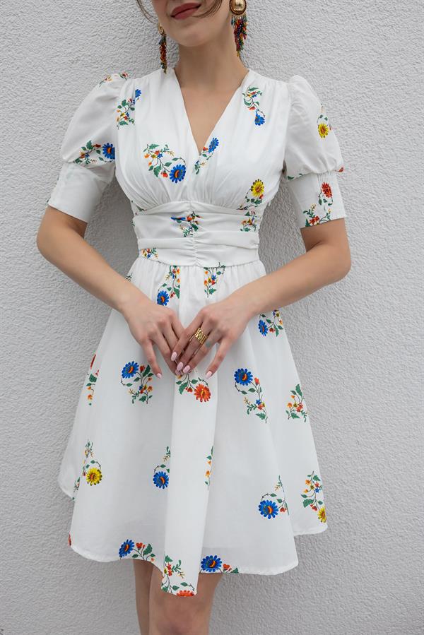 Çiçek Desenli Mini Elbise - BEYAZ
