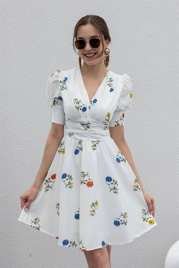 Çiçek Desenli Mini Elbise - BEYAZ