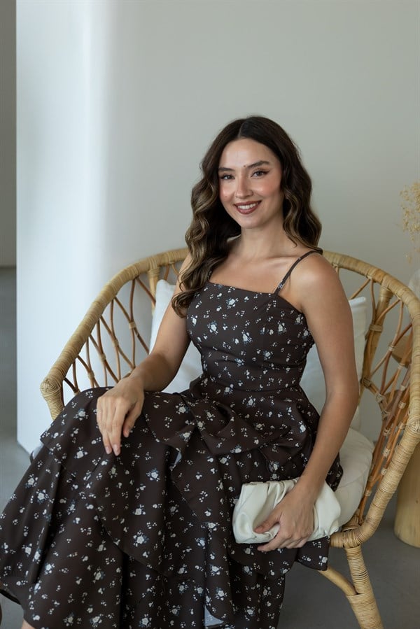 Çiçek Desenli Poplin Elbise - KAHVERENGİ