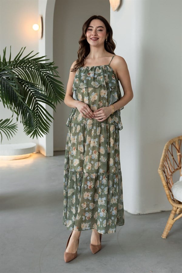 Çiçek Desenli Şifon Elbise - HAKİ