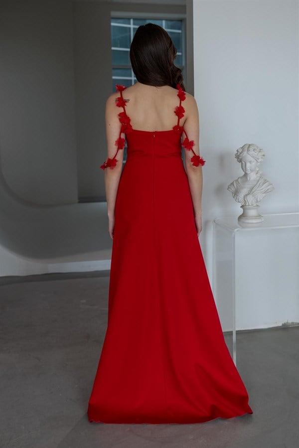 Çiçek Detay Askılı Abiye - KIRMIZI