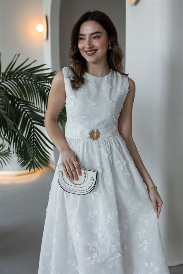 Çiçek Dokulu Elbise - BEYAZ