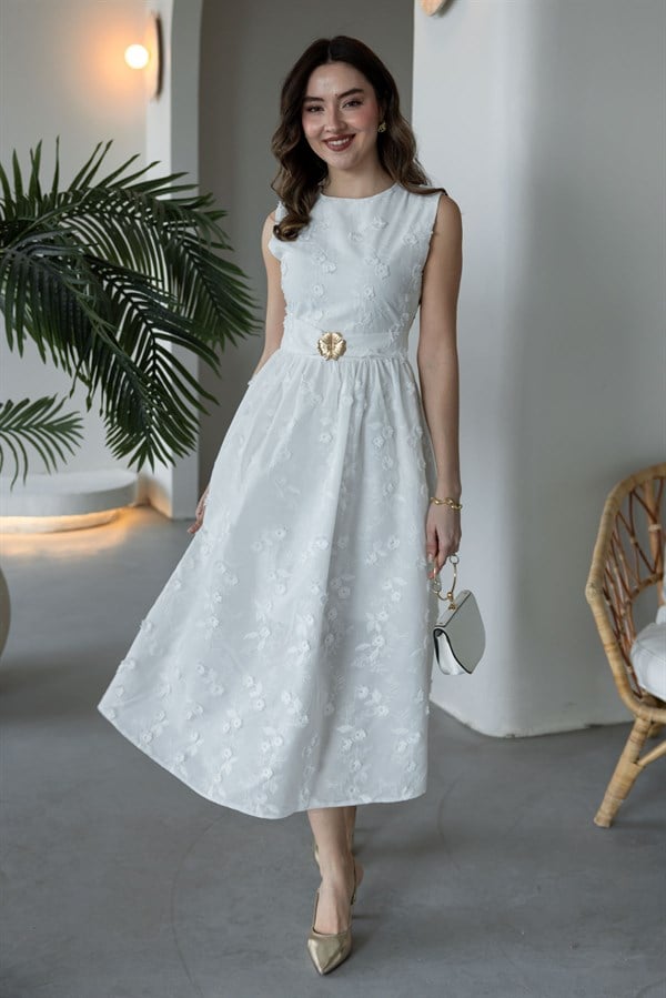 Çiçek Dokulu Elbise - BEYAZ
