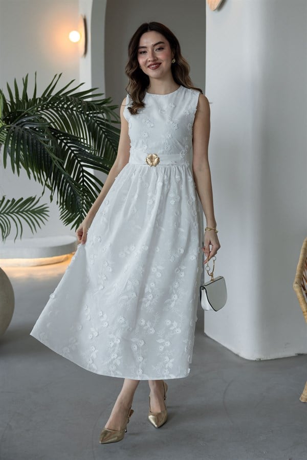Çiçek Dokulu Elbise - BEYAZ