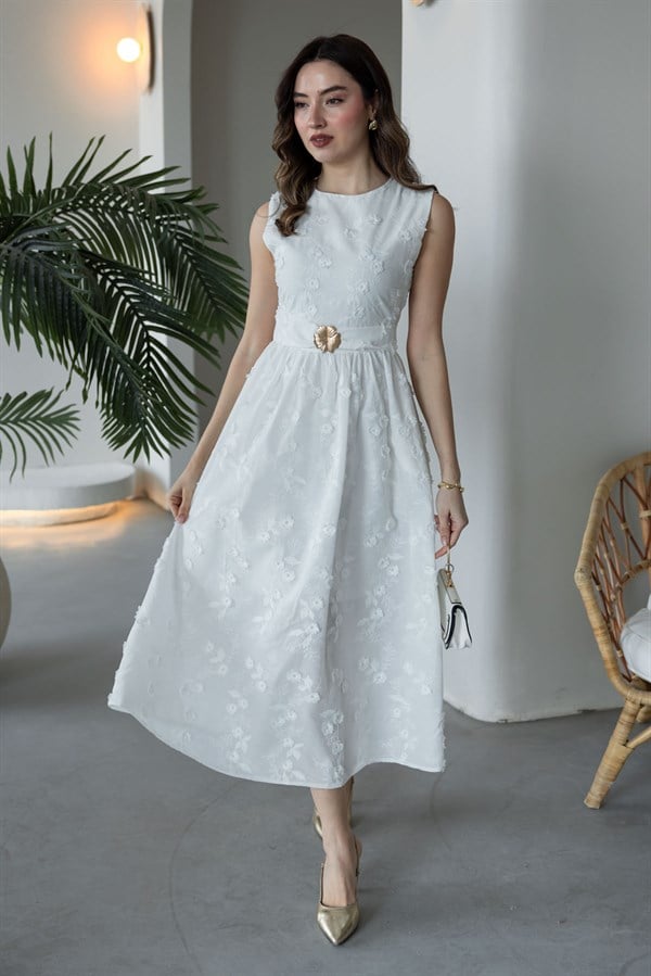 Çiçek Dokulu Elbise - BEYAZ