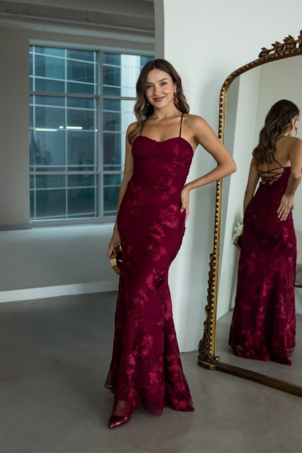 Çiçek Motif Detaylı Elbise - BORDO