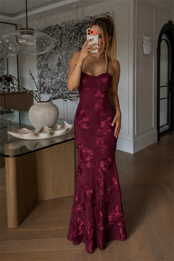 Çiçek Motif Detaylı Elbise - BORDO