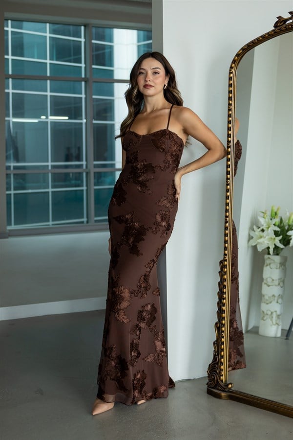 Çiçek Motif Detaylı Elbise - KAHVERENGİ