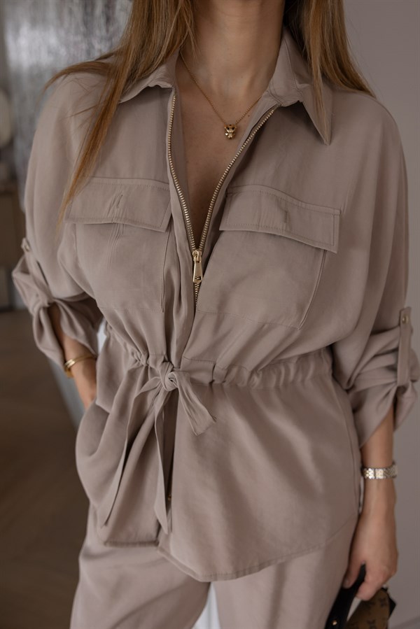 Çift Cep Fermuarlı Takım - KREM