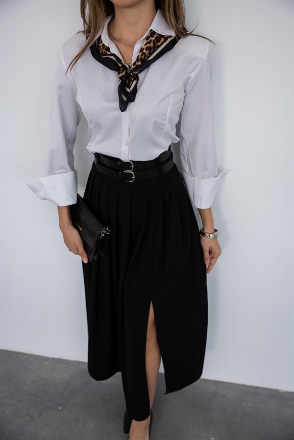 Çift Kemerli Pileli Etek - SİYAH