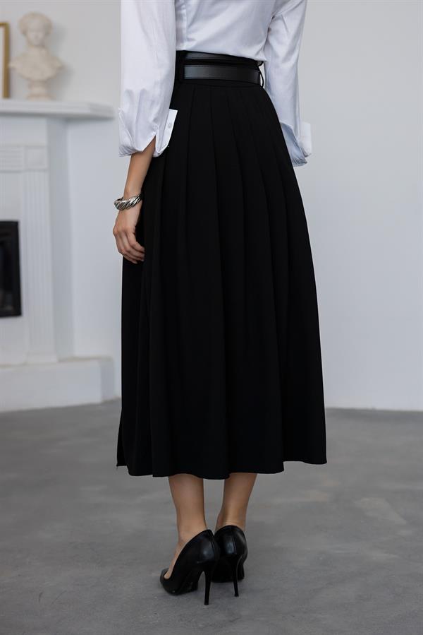 Çift Kemerli Pileli Etek - SİYAH