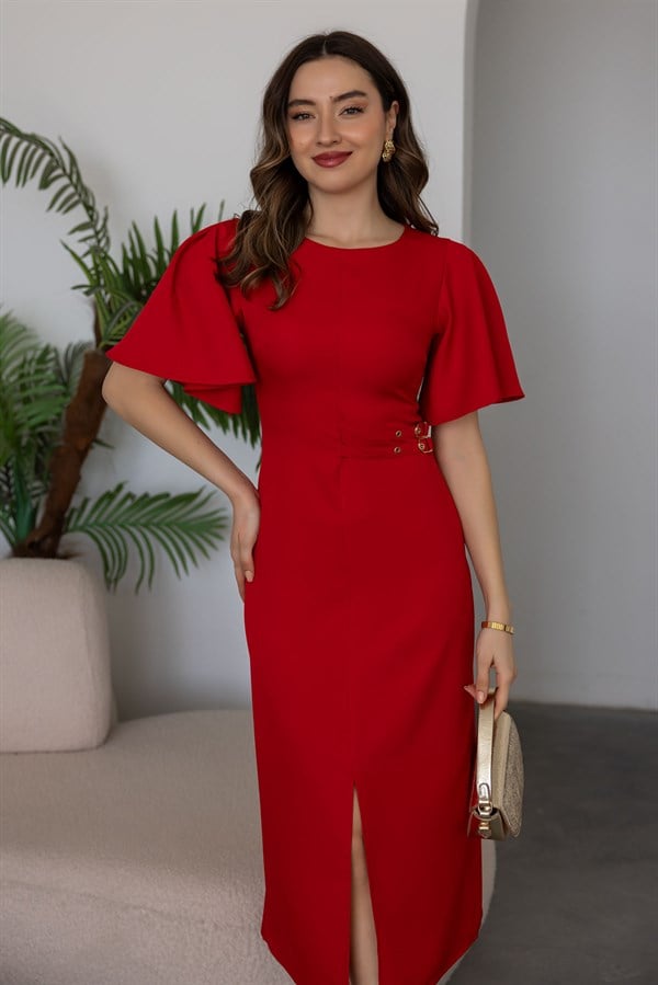 Çift Tokalı Elbise - KIRMIZI
