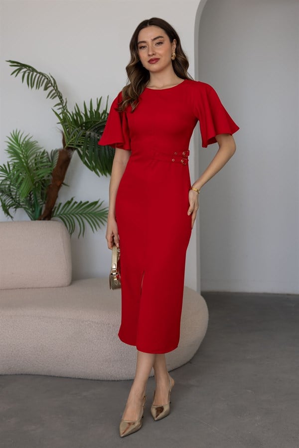 Çift Tokalı Elbise - KIRMIZI