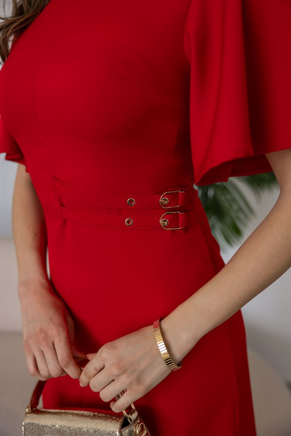 Çift Tokalı Elbise - KIRMIZI