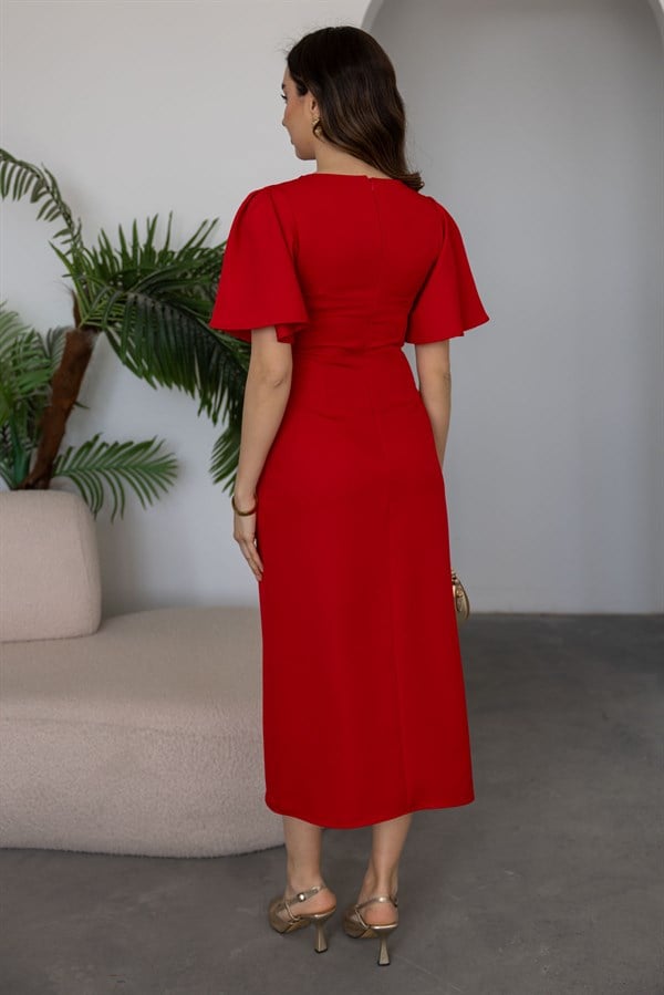 Çift Tokalı Elbise - KIRMIZI