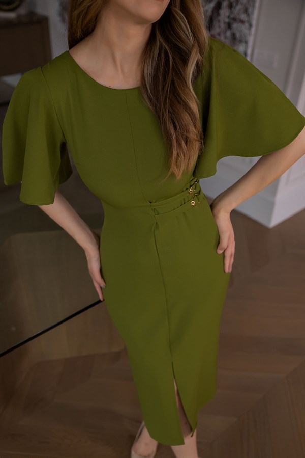 Çift Tokalı Elbise - YAĞ YEŞİLİ
