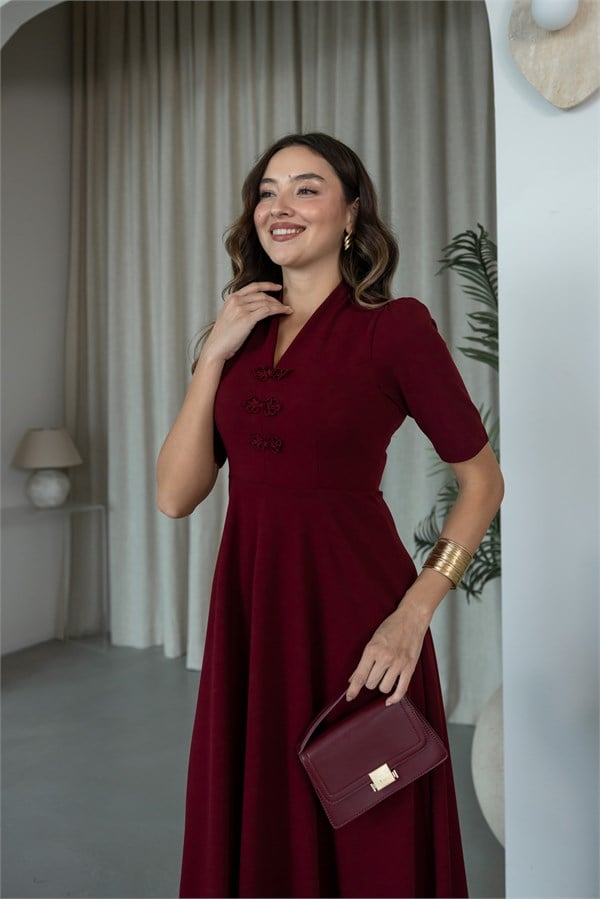 Çin Düğmeli V Yaka Elbise - BORDO