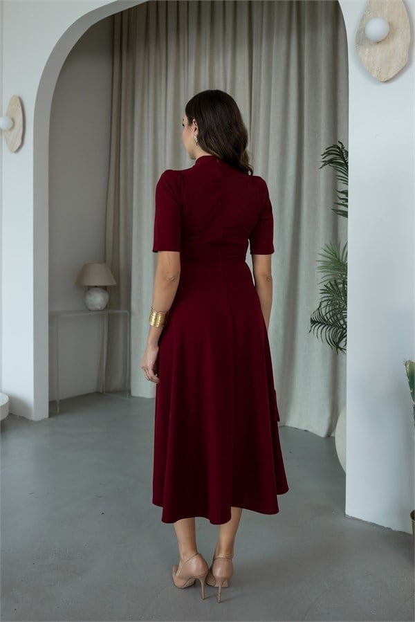 Çin Düğmeli V Yaka Elbise - BORDO