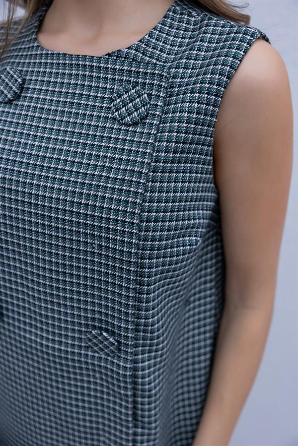 Çıt Çıt Kapamalı Ekose Elbise - YEŞİL