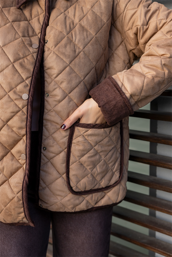 Çıtçıtlı Süet Kapitone Mont - CAMEL