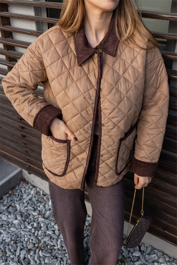 Çıtçıtlı Süet Kapitone Mont - CAMEL