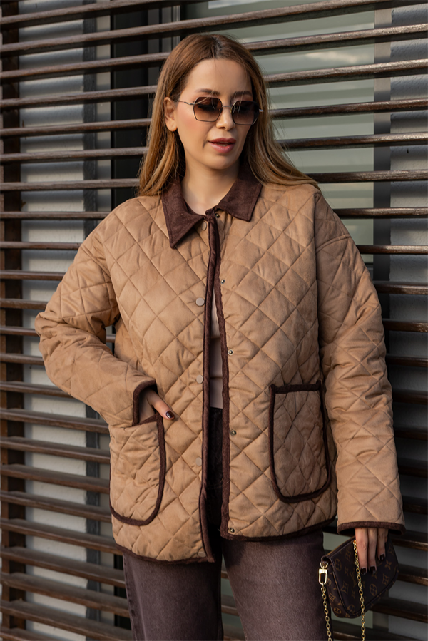 Çıtçıtlı Süet Kapitone Mont - CAMEL