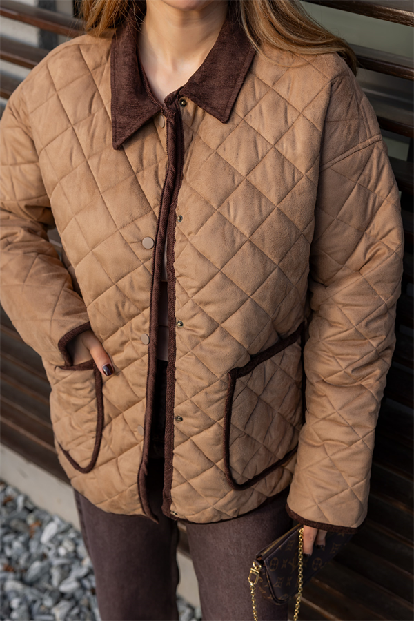 Çıtçıtlı Süet Kapitone Mont - CAMEL