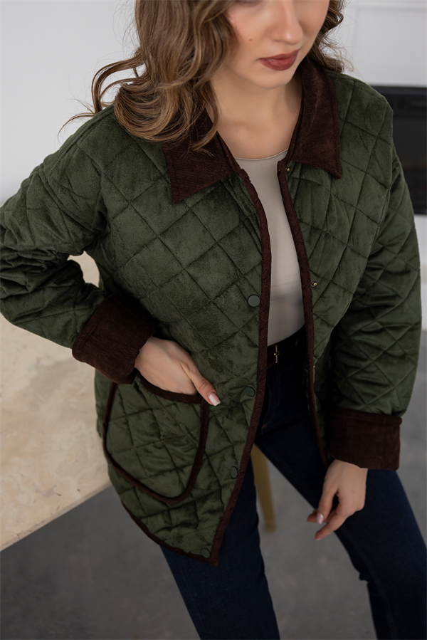 Çıtçıtlı Süet Kapitone Mont - HAKİ