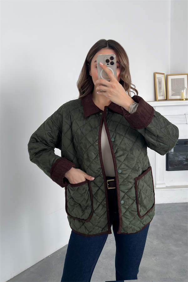 Çıtçıtlı Süet Kapitone Mont - HAKİ