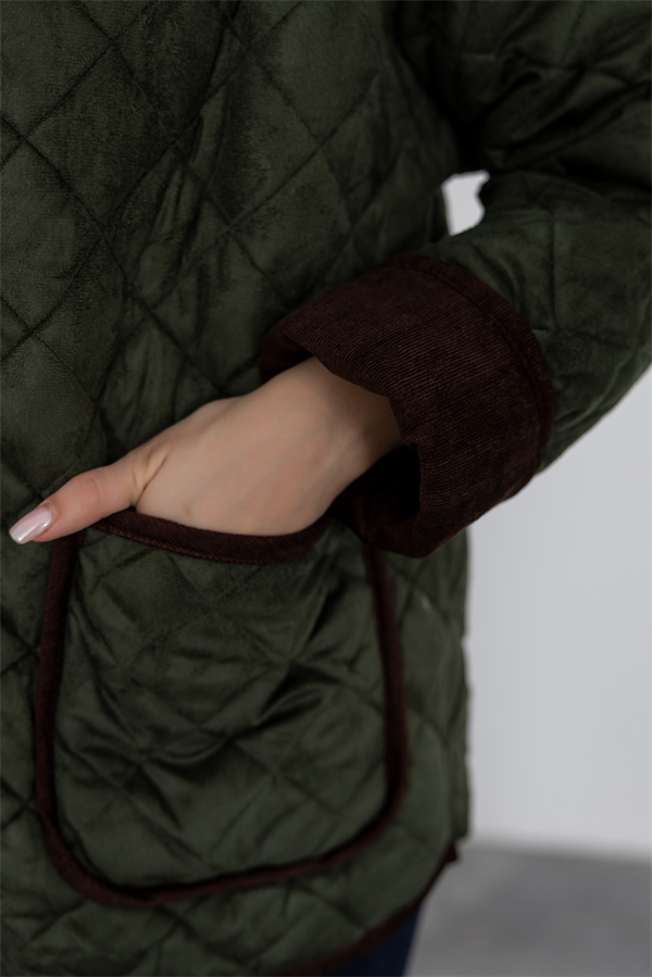 Çıtçıtlı Süet Kapitone Mont - HAKİ