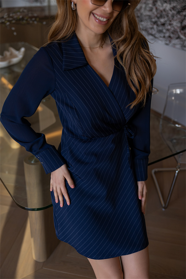Çizgili Bağlamalı Elbise - LACİVERT
